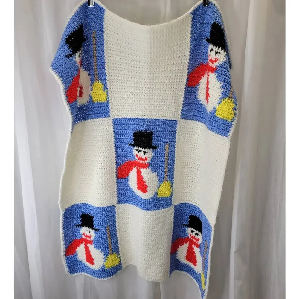 Handmade Snowman Crochet Patchwork Lap Small Blanket